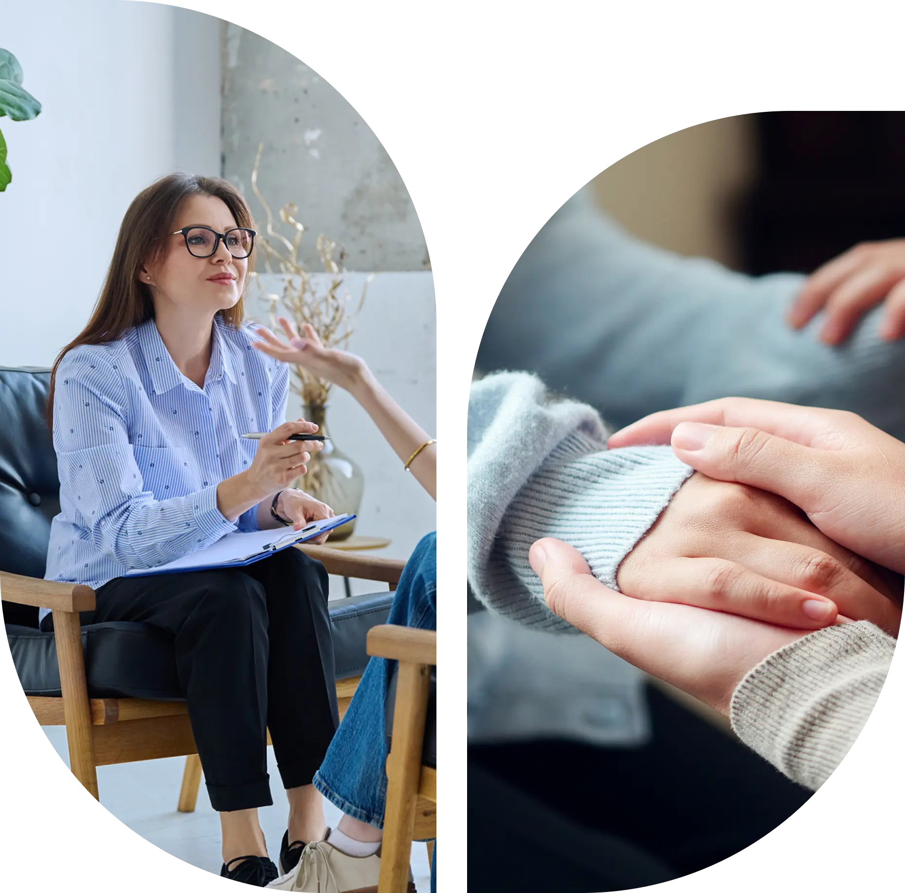 Therapist and patient holding hands, counseling session.