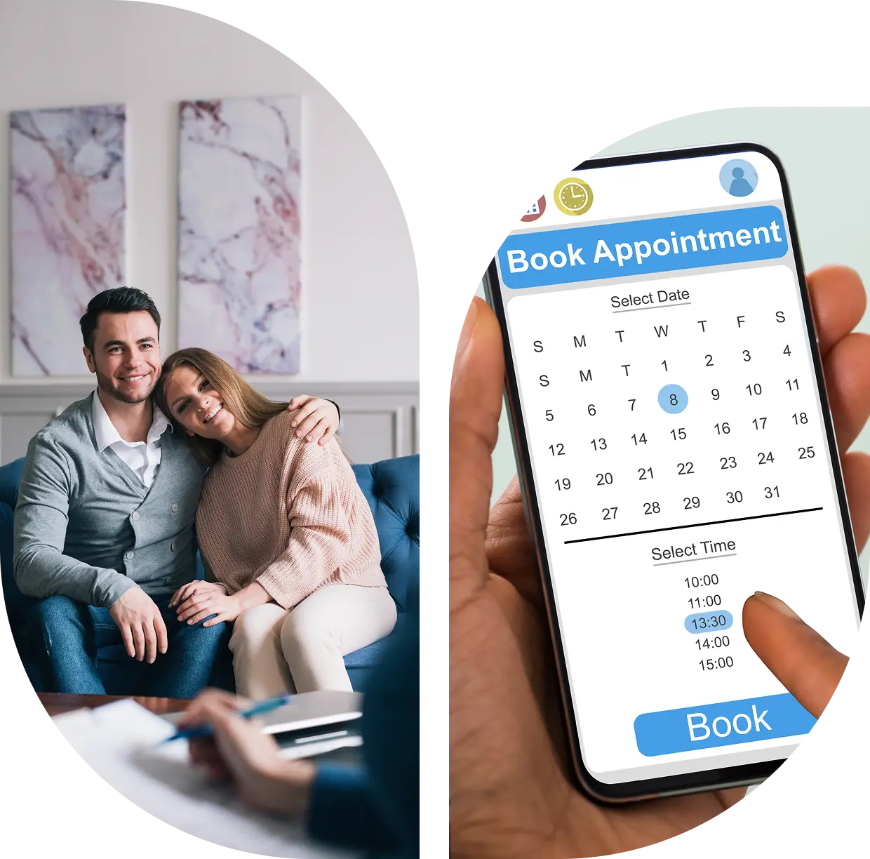 Couple and phone booking appointment screen.
